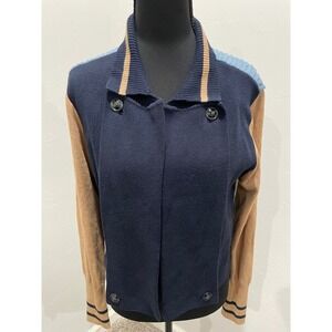 Cabi Game Day Cardigan 3703 Colorblock Knit Sweater Navy Tan Blue Womens Medium